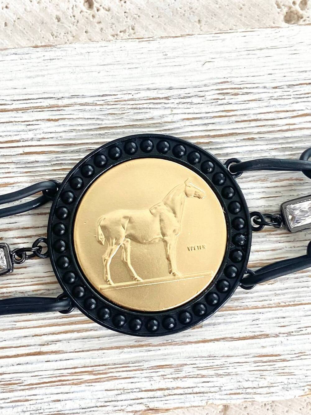 NEW VB & CO. women's horse statement bracelet in matte black gold coin